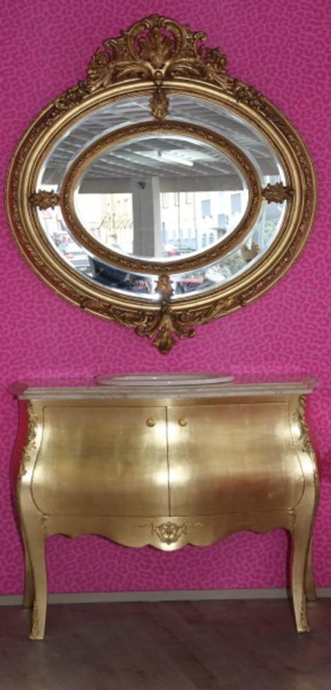 Casa Padrino Luxus Barock Waschtisch mit cremfarbiger Marmorplatte inkl. Spiegel Rund Gold - Luxus Barock Badezimmermöbel Bild 1