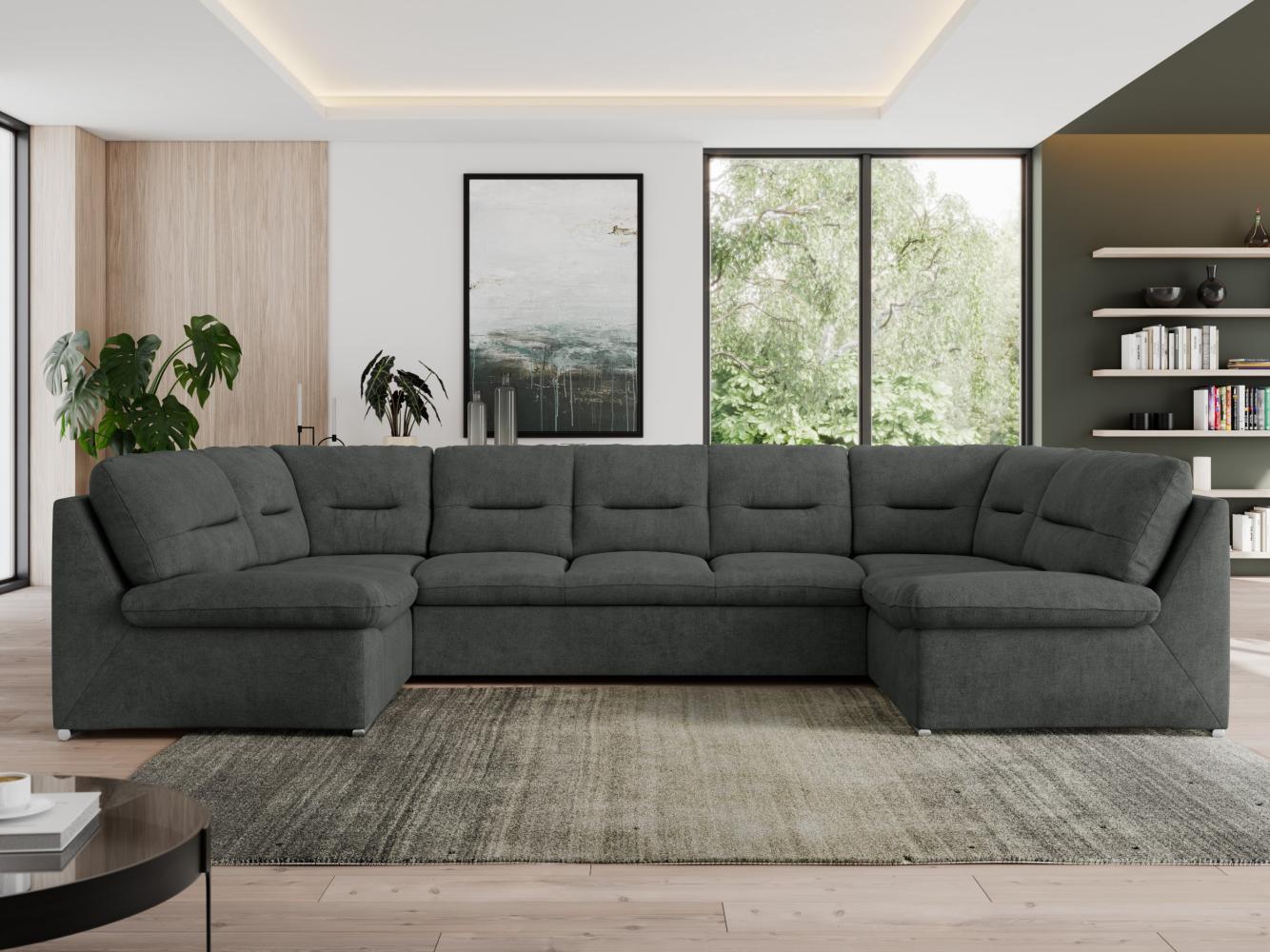 U-förmige Ecksofa, Bigsofa mit schlaffunktion, Wohnlandschaft XXL - MORBIDO U - Dunkelgrau Stoff - Topper T25 Bild 1