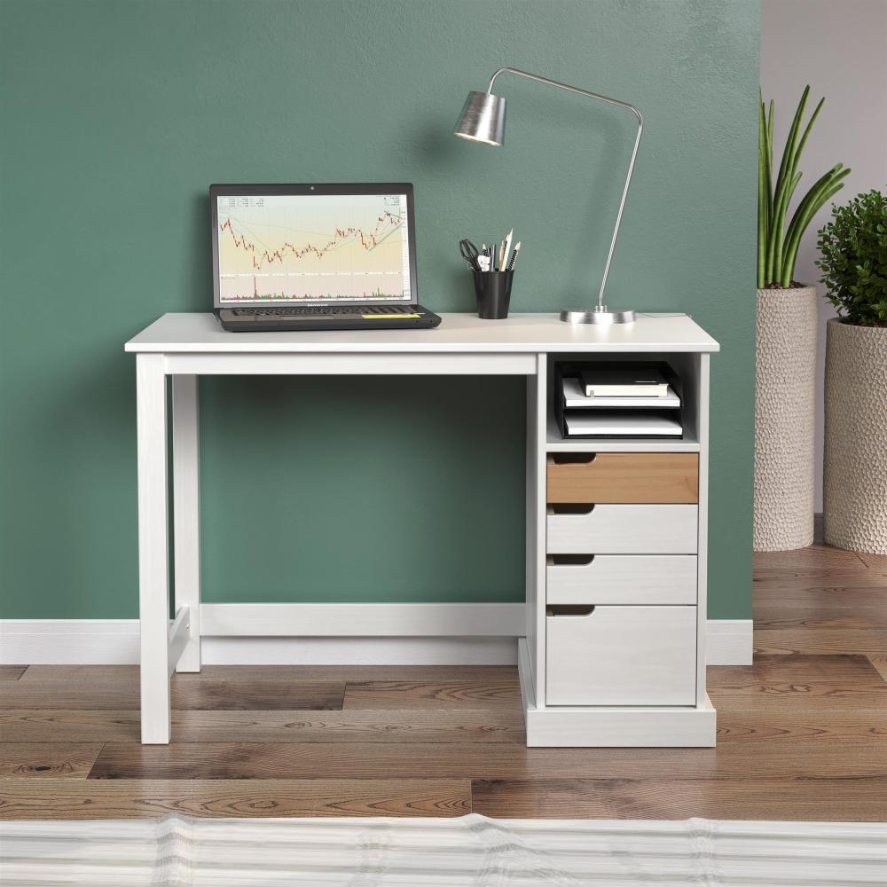 Schreibtisch >Medford< in Pine Weiß Honig aus Massivholz - 108x75x55cm (BxHxT) Bild 1