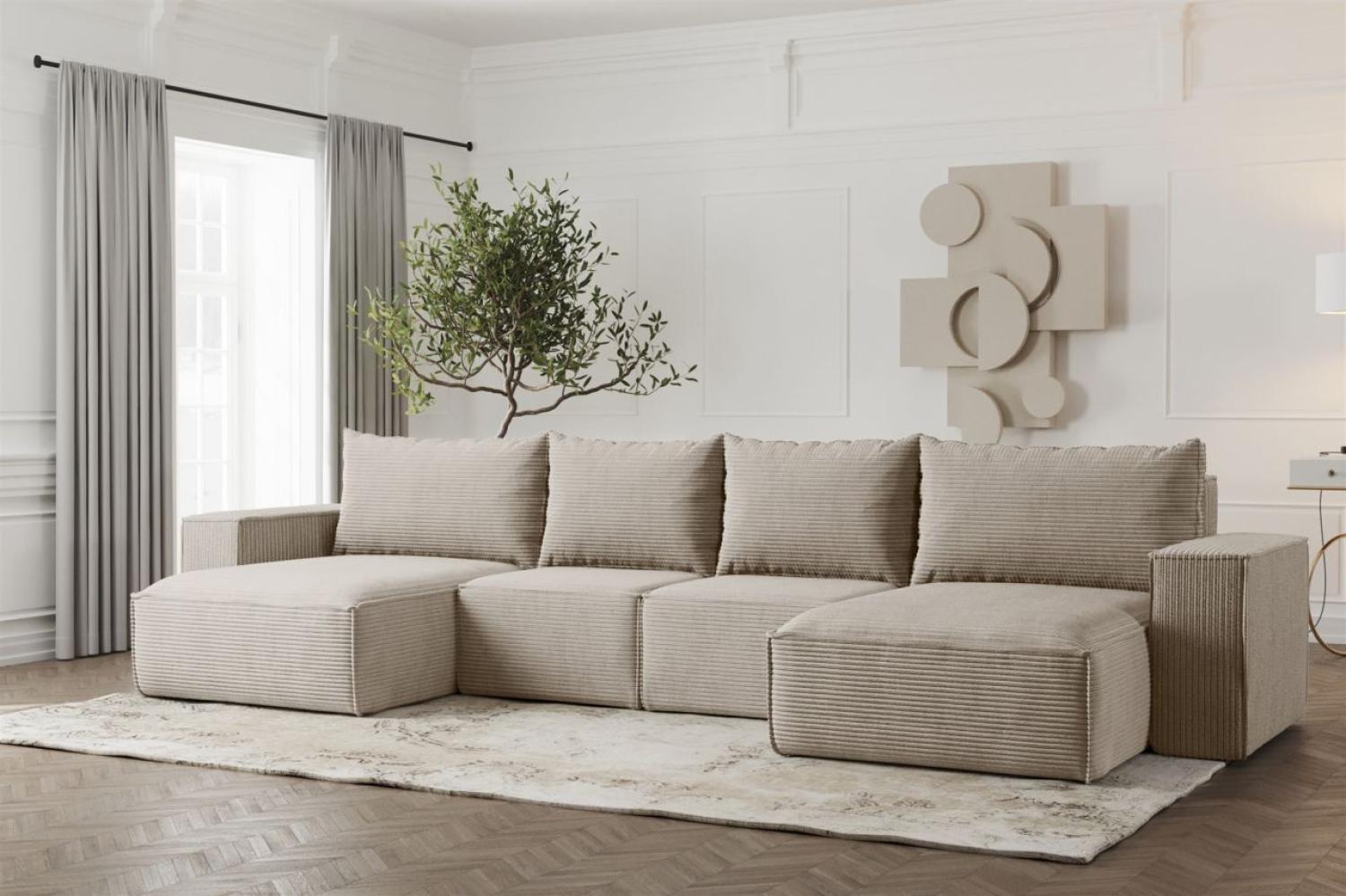 Wohnlandschaft U-Form Sofa ESTELLE mit Schlaffunktion in Stoff Poso Beige Bild 1