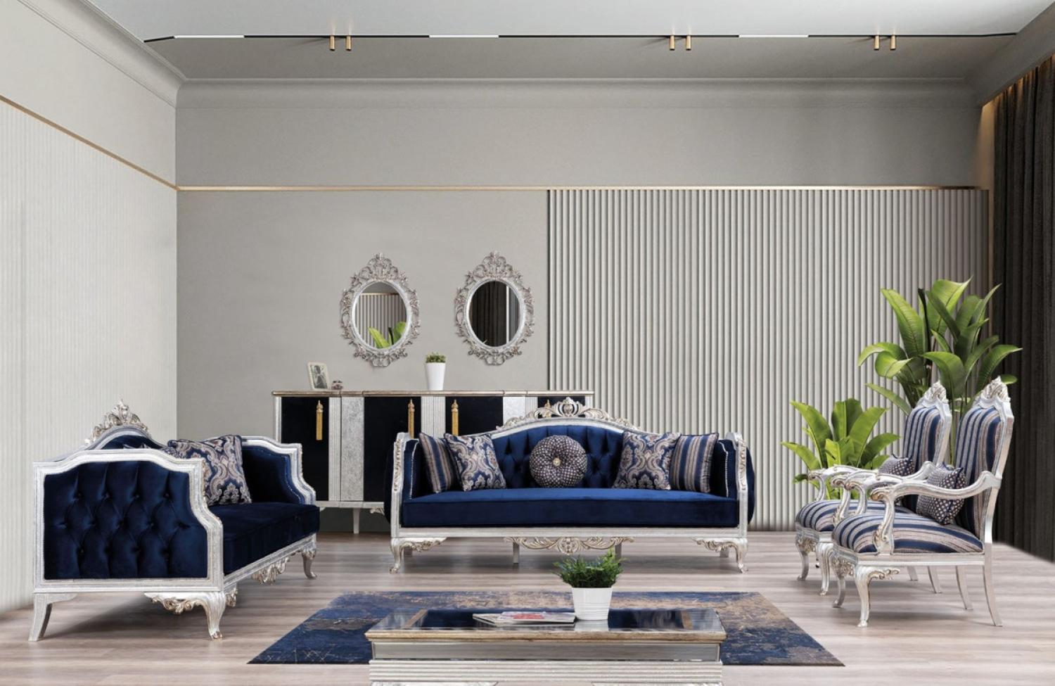 Casa Padrino Luxus Barock Wohnzimmer Set Blau / Silber / Gold - 2 Sofas & 2 Sessel & 1 Couchtisch - Wohnzimmer Möbel im Barockstil - Edel & Prunkvoll Bild 1