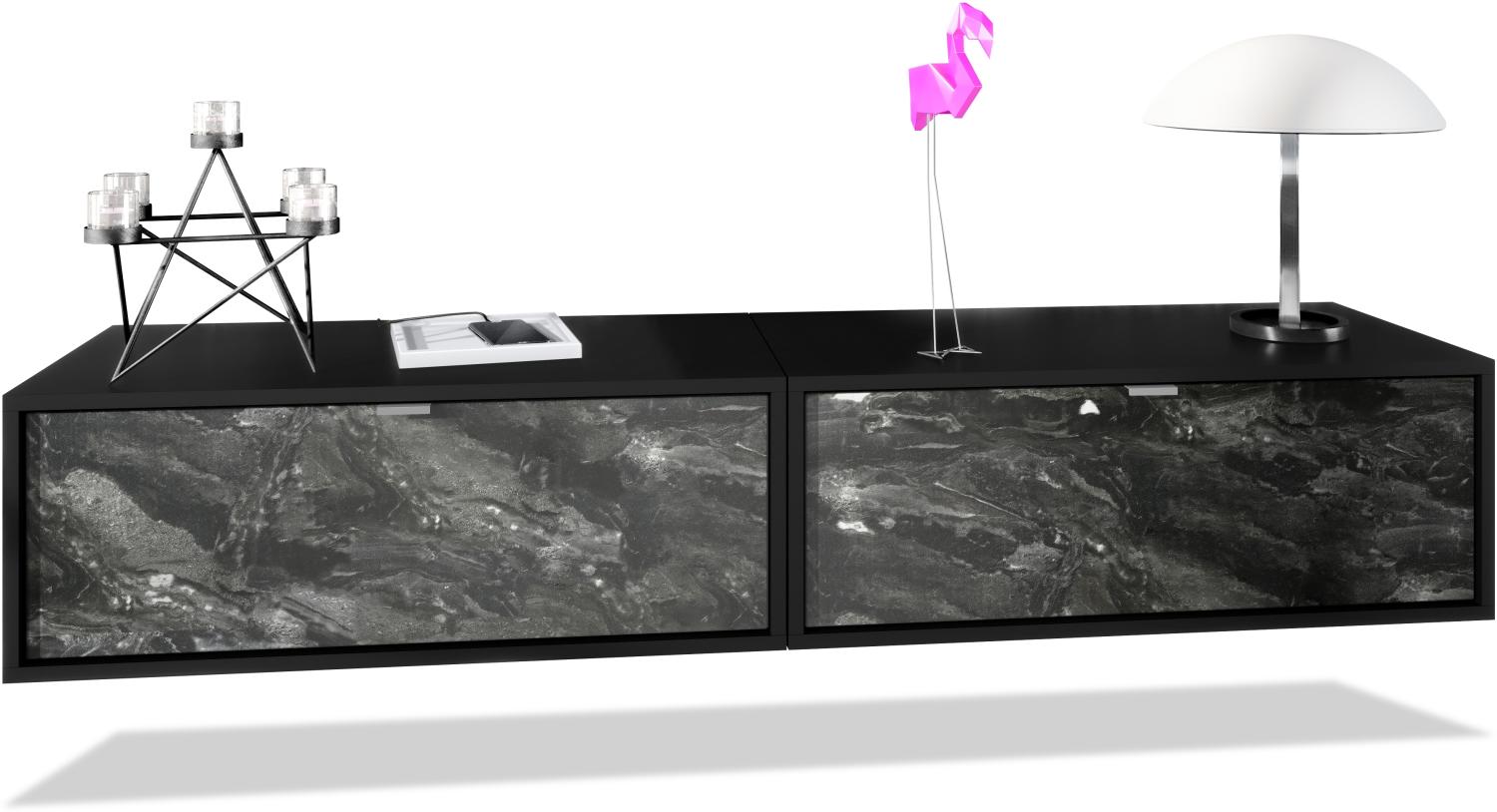 2er-Set TV Board Lana 80, Lowboards je 80 x 29 x 37 cm mit viel Stauraum, Korpus in Schwarz matt, Fronten in Marmor Graphit Bild 1