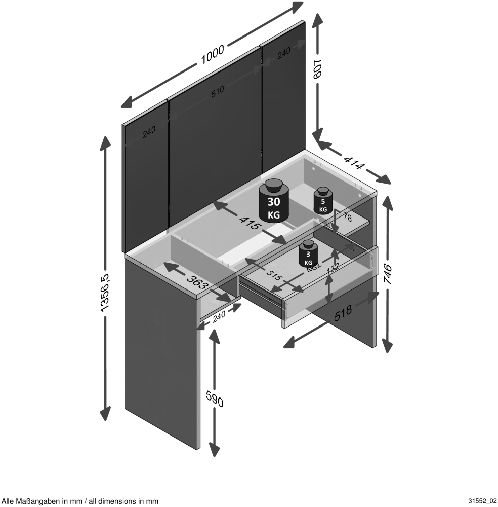 FMD Möbel - SCHMINKI 1 - Schminktisch mit Spiegel - melaminharzbeschichtete Spanplatte - schwarz - 100 x 135,7 x 41,4cm Bild 1