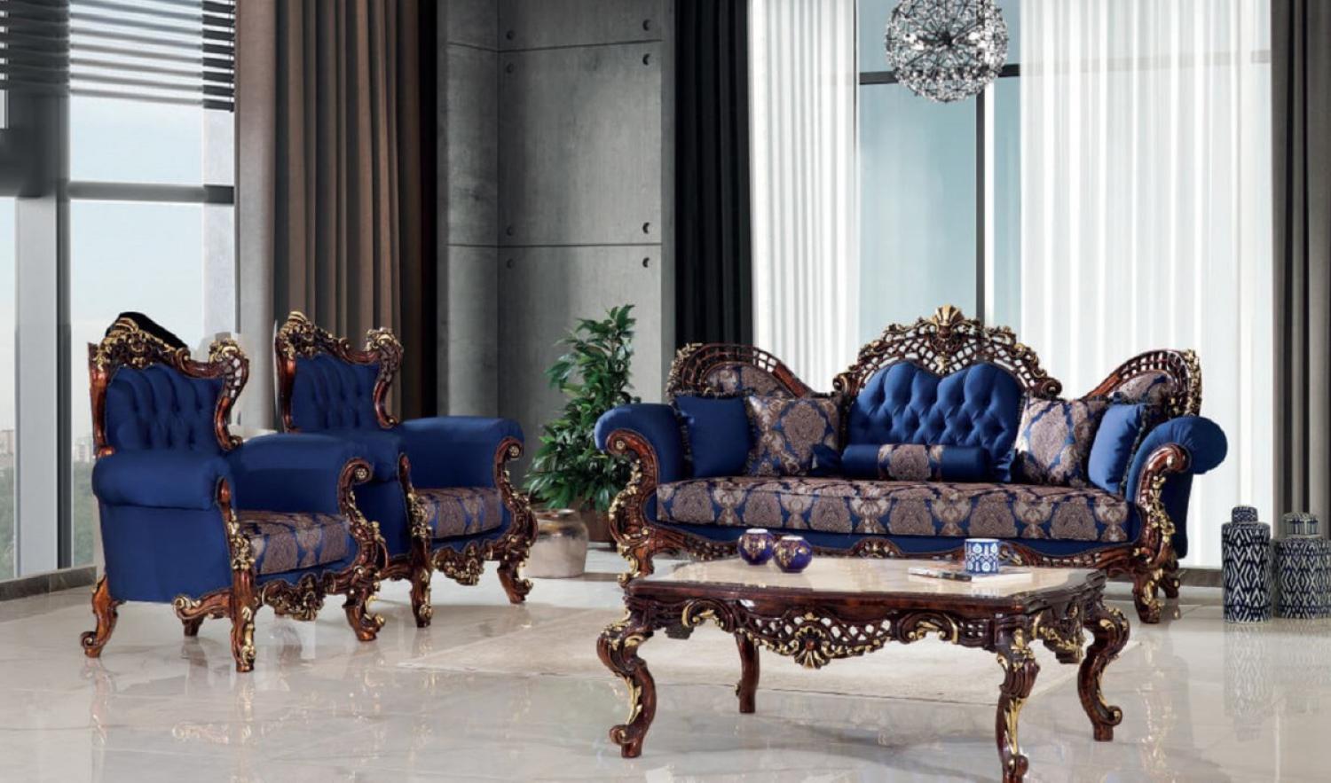 Casa Padrino Luxus Barock Wohnzimmer Set Blau / Dunkelbraun / Gold - 2 Sofas & 2 Sessel & 1 Couchtisch - Handgefertigte Wohnzimmer Möbel im Barockstil - Edel & Prunkvoll Bild 1