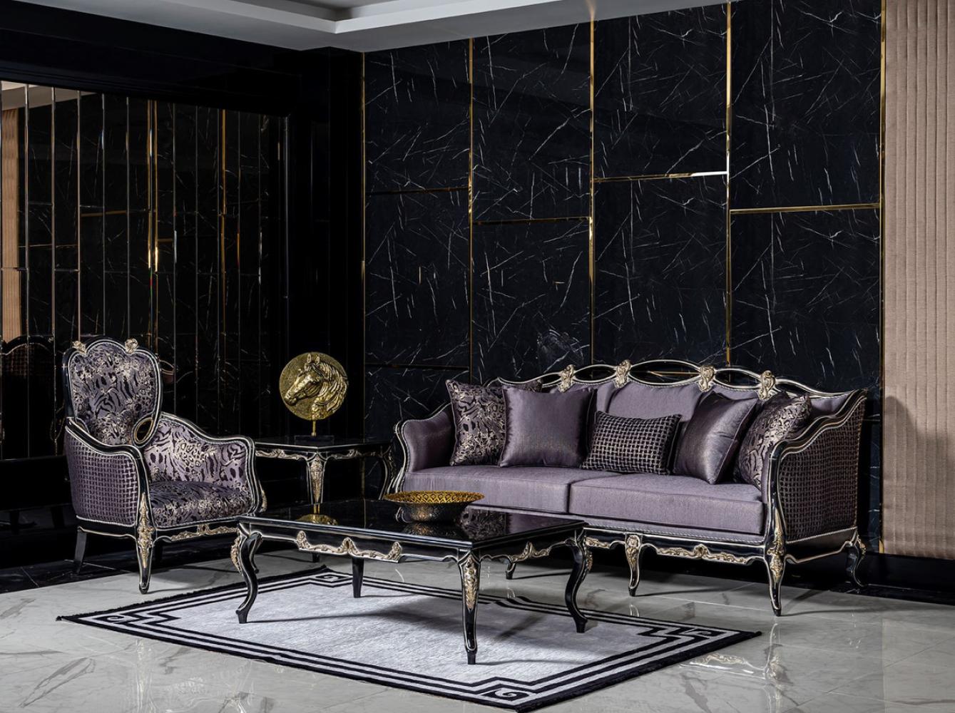 Casa Padrino Luxus Barock Wohnzimmer Set Lila / Schwarz / Gold - 2 Sofas & 2 Sessel & 1 Couchtisch - Prunkvolle Wohnzimmer Möbel im Barockstil Bild 1
