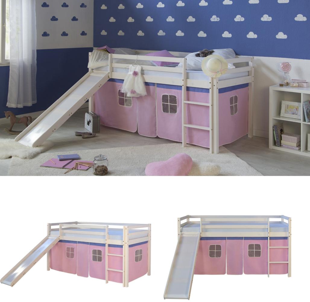 Hochbett Spielbett Kinderbett Rutsche Kiefer Vorhang pink 90x200 Jugendbett Bild 1