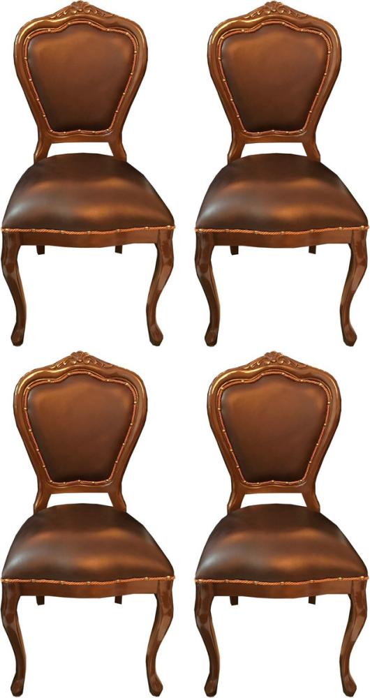 Casa Padrino Luxus Barock Esszimmer Set Braun / Braun 45 x 47 x H. 99 cm - 4 handgefertigte Massivholz Esszimmerstühle mit Echtleder - Barock Esszimmermöbel Bild 1
