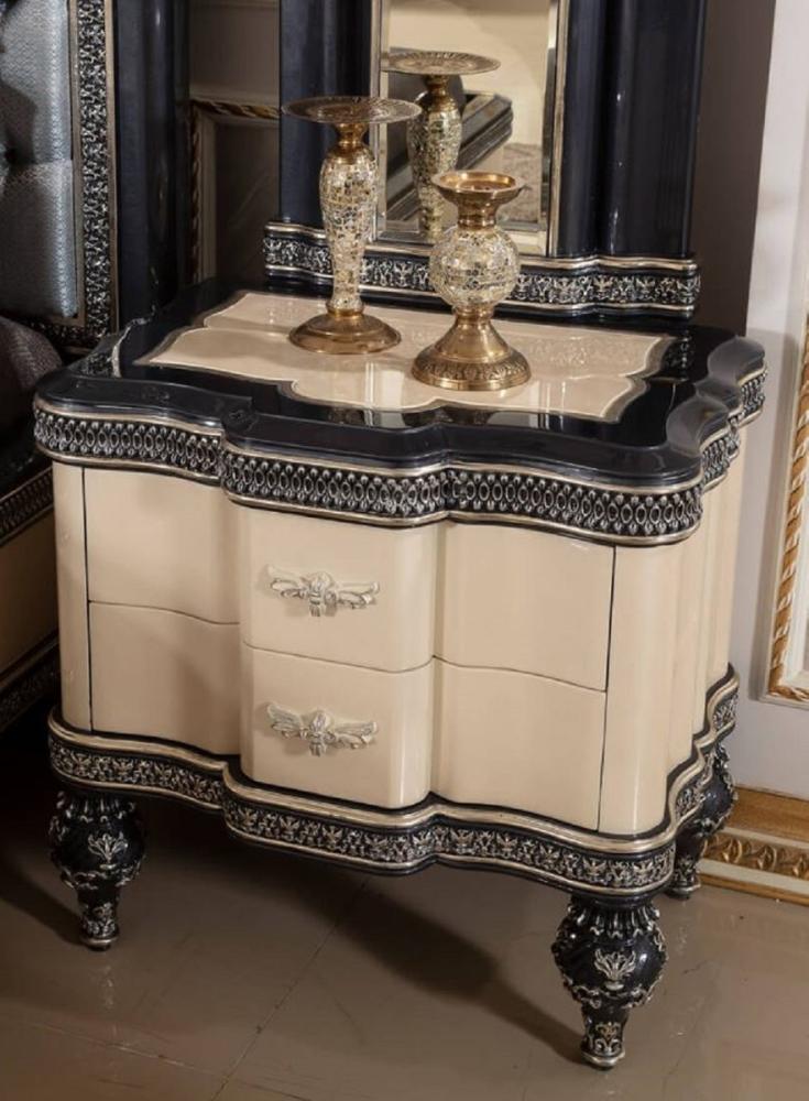 Casa Padrino Luxus Barock Nachtkommode Beige / Schwarz / Gold - Prunkvoller Barockstil Nachttisch mit 2 Schubladen - Luxus Schlafzimmer Möbel im Barockstil - Barock Möbel - Barock Interior Bild 1