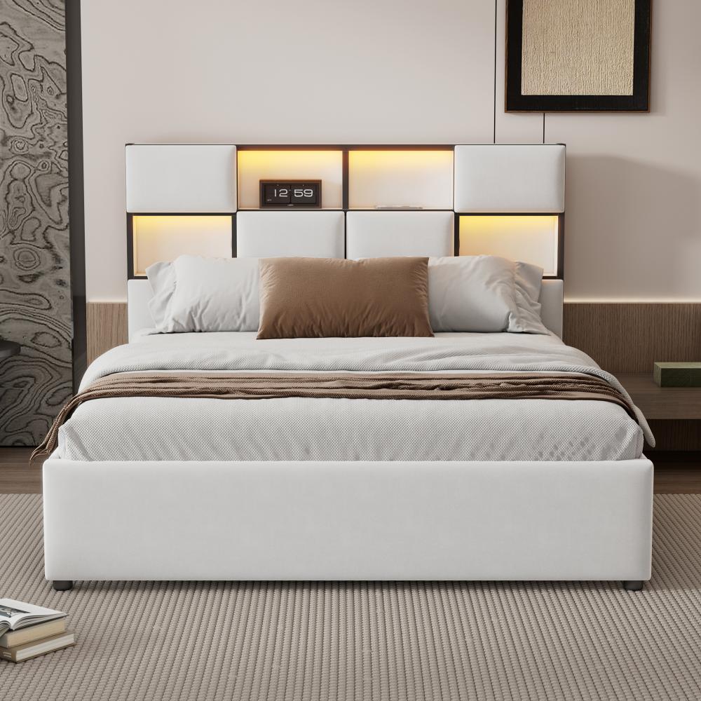 Merax 140*200cm Flachbett, verstellbares Umgebungslicht, mehrere Ablagefächer an der Seite des Bettes, USB-Anschluss, Beige Bild 1