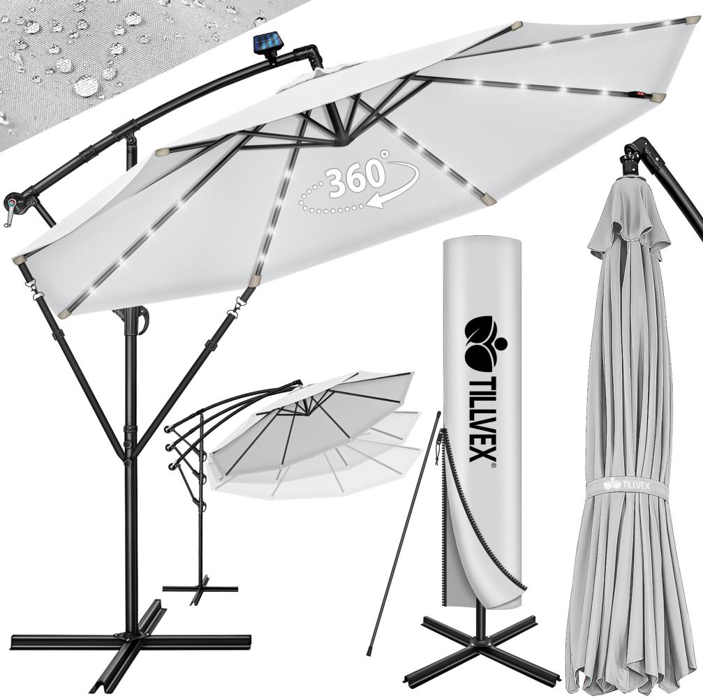 tillvex Alu Ampelschirm Grau LED Solar Ø 300 cm mit Kurbel | Sonnenschirm mit An-/Ausschalter | Gartenschirm UV-Schutz Aluminium | Kurbelschirm mit Ständer Marktschirm wasserdicht Bild 1