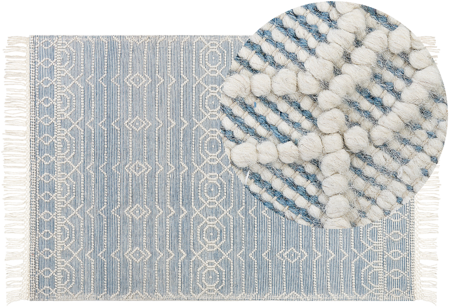 Teppich Wolle blau weiß 160 x 230 cm Fransen Kurzflor ORHANELI Bild 1