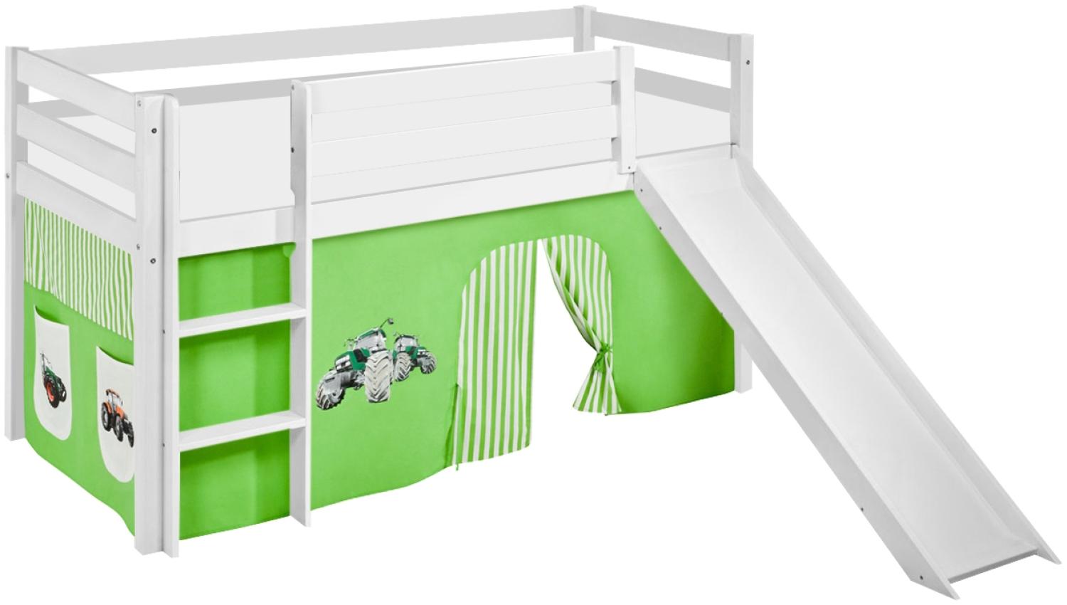 Lilokids 'Jelle' Spielbett 90 x 190 cm, Trecker Grün Beige, Kiefer massiv, mit Rutsche und Vorhang Bild 1
