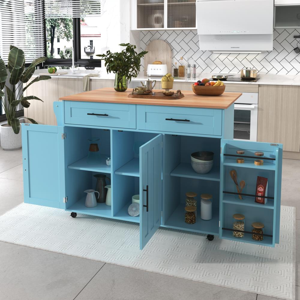 Merax 129x46(71)x91,5 cm Speisewagen Esstischwagen Sideboard, faltbare Arbeitsplatte, mit Aufbewahrungstür, Räder, austauschbaren Massivholzfüßen, Natur + blau Bild 1