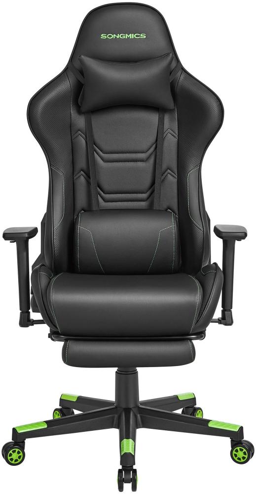 SONGMICS Gaming-Stuhl, Bürostuhl, ergonomisch, Fußstütze, Kopfkissen, bis 150 kg belastbar, schwarz-grün Bild 1