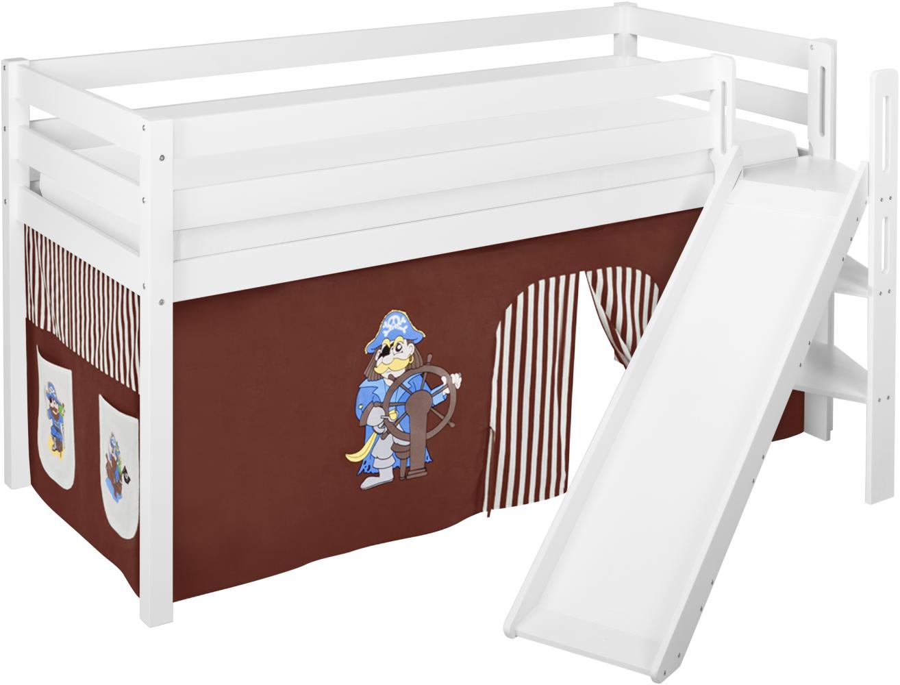 Lilokids 'Jelle' Spielbett 90 x 200 cm, Pirat Braun Beige, Kiefer massiv, mit schräger Rutsche und Vorhang Bild 1