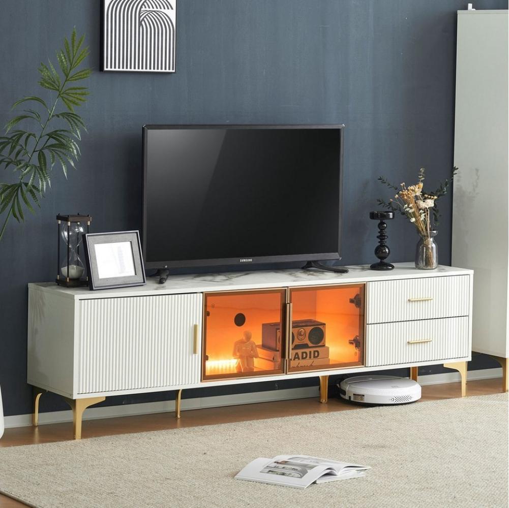 Merax Lowboard mit Glastüren und Schubladen, TV-Schrank mit LED, TV-Board mit goldenen Metallbeine, Fernsehtisch Bild 1