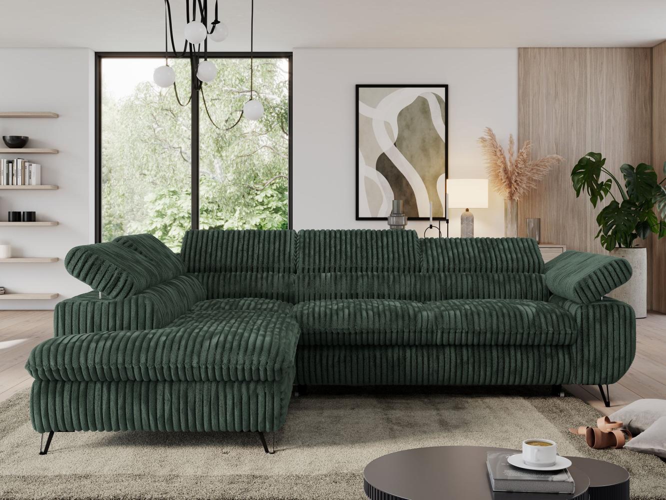 Ecksofa mit Bettfunktion, Modern Sofa, L-form, Einstellbare Kopfstützen, Bettkasten, PEDRO, 1x Ecksofa, Grün, Cord, links Bild 1