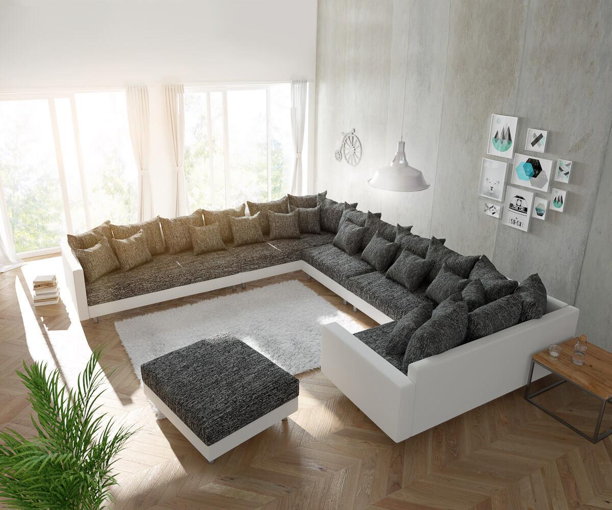 Couch Clovis XXL Weiß/ Schwarz mit Hocker und Armlehne Ottomane Links Wohnlandschaft Bild 1