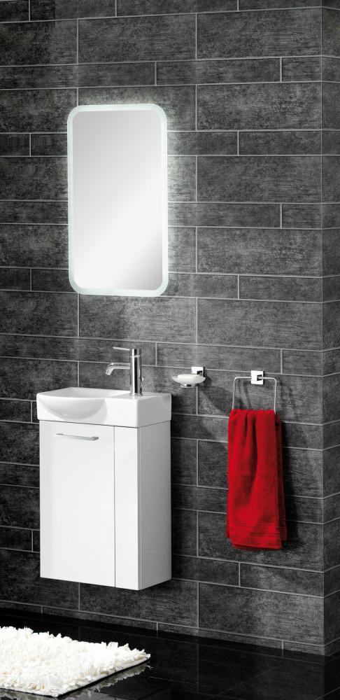 Fackelmann SBC SCENO Gäste WC Set 4-teilig 45 cm, Weiß, links, Keramik Hahnloch rechts, LED-Spiegel Bild 1