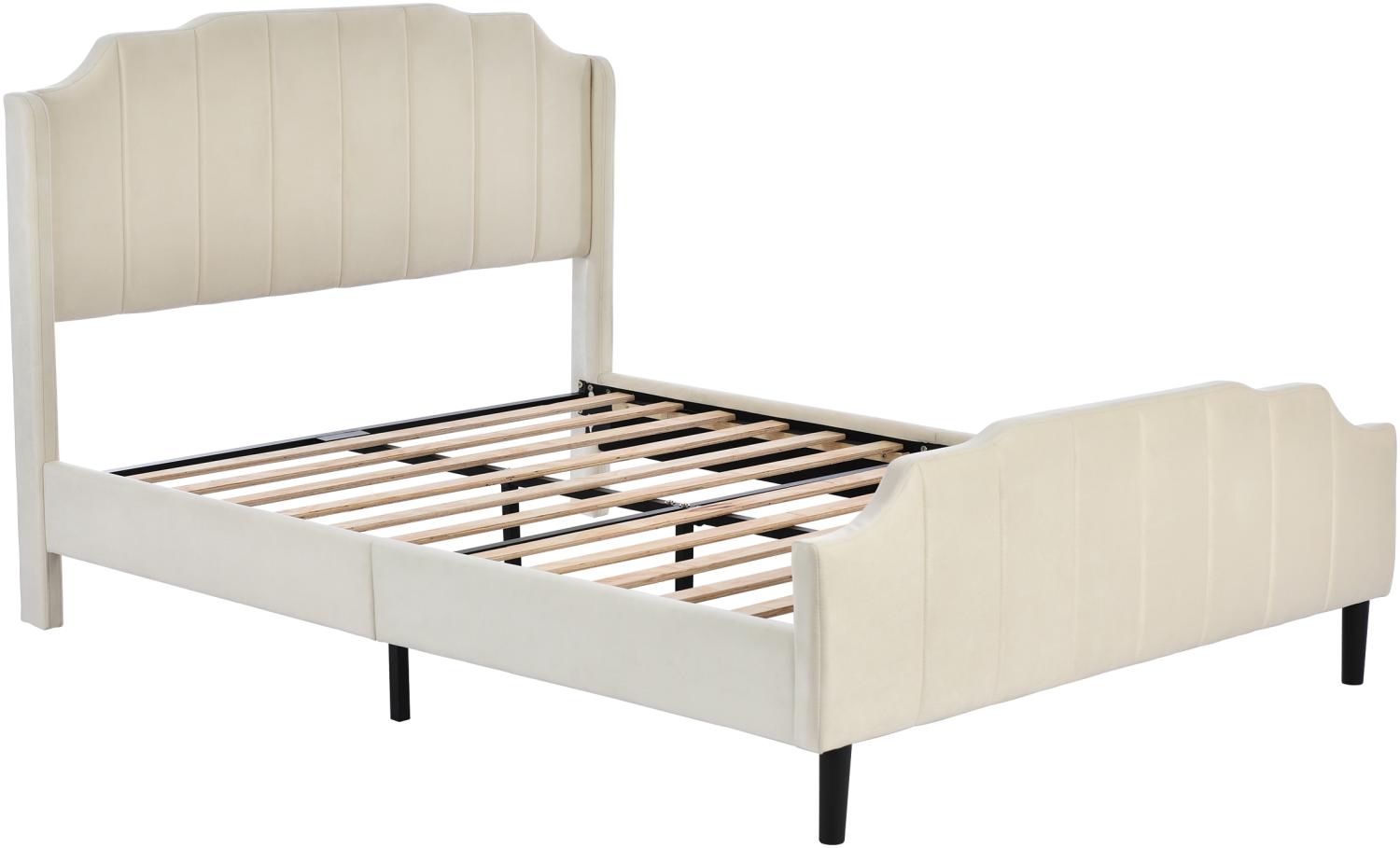 Merax Polsterbett 140x200 aus Samt Doppelbett Gästebett mit gepolstertes Kopfteil & Lattenrost Beige Bild 1