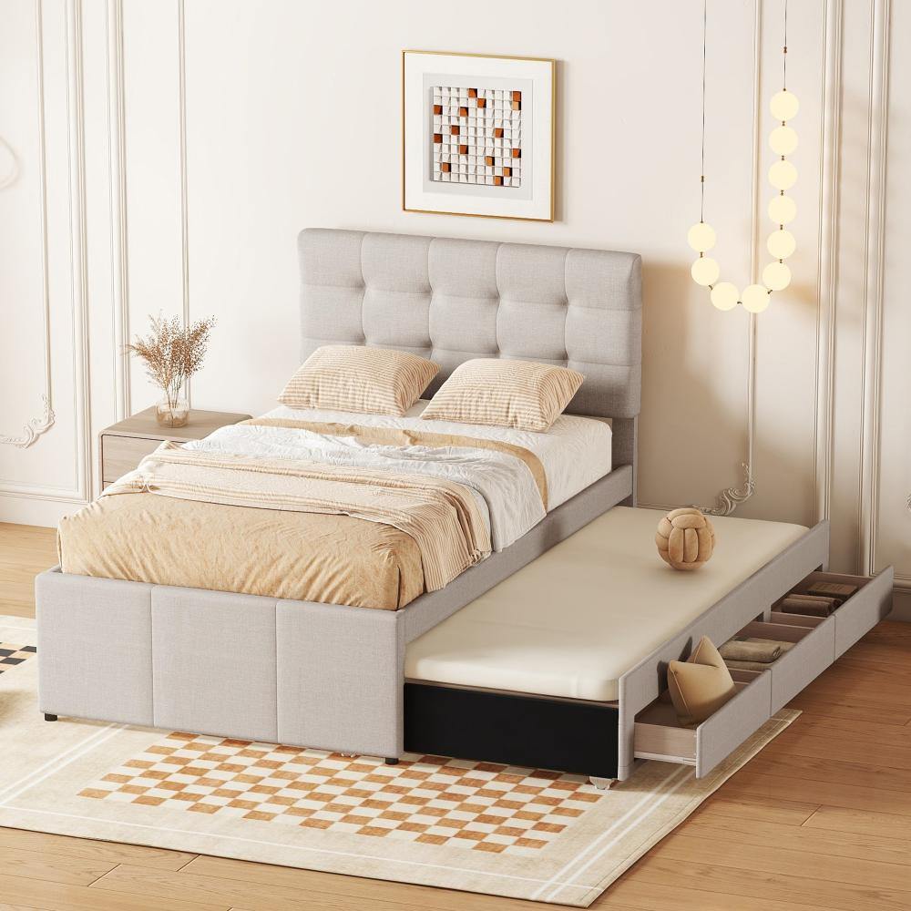 Merax Polsterbett, Doppelbett, Familienbett, mit drei Schubladen, ausziehbares Bett, Verstellbares Kopfteil, Beige, 90x200cm Bild 1