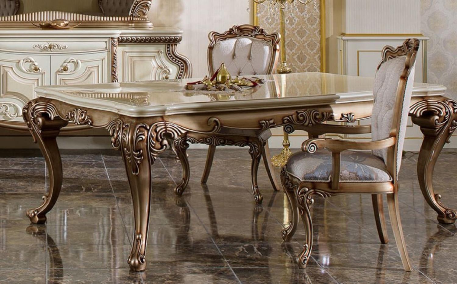Casa Padrino Luxus Barock Esstisch Weiß / Beige / Kupferfarben - Prunkvoller Massivholz Esszimmertisch im Barockstil - Prunkvolle Barock Esszimmer Möbel Bild 1