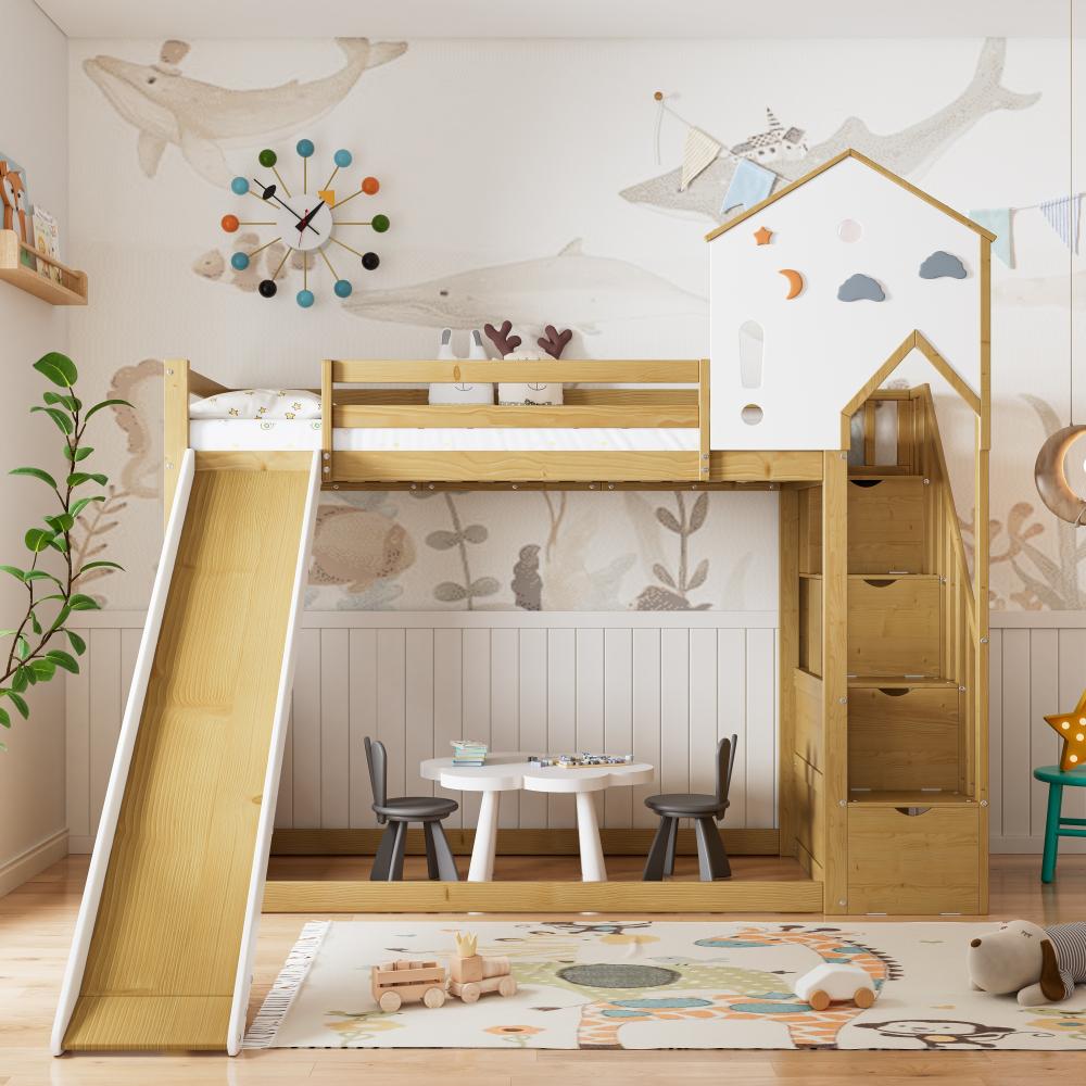 Merax 90x200cm Etagenbett, Hausbett, Kinderbett, Bett mit Ecktreppe, Kinderbett mit Dach und Fenster, Kinderbett mit 3 Schließfächer in der Treppe, Etagenbett mit Rutsche, Kiefer+MDF, Weiß+Natur Bild 1