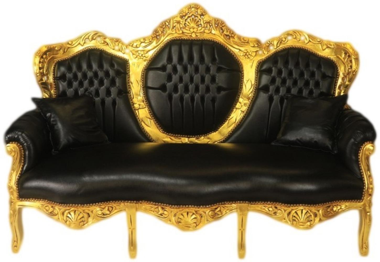 Casa Padrino Barock 3er Sofa King Schwarz Lederoptik / Gold - Wohnzimmer Couch Möbel Lounge Bild 1