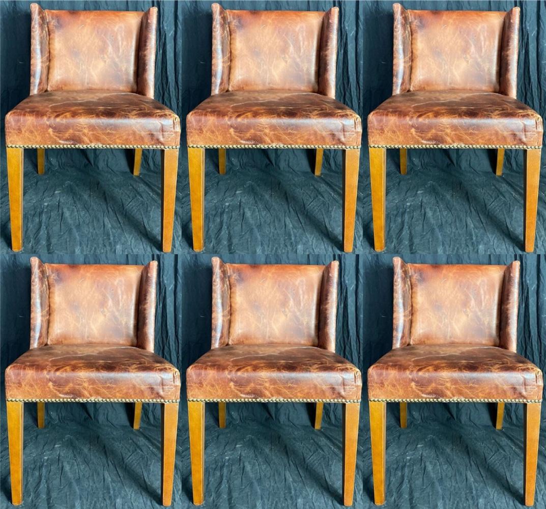 Casa Padrino Luxus Leder Esszimmer Stuhl Set Vintage Braun / Hellbraun 56 x 52 x H. 81 cm - Echtleder Küchen Stühle 6er Set - Esszimmer Möbel - Leder Möbel - Luxus Möbel - Luxus Einrichtung Bild 1