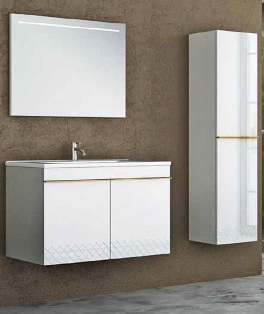 Casa Padrino Luxus Badezimmer Set Weiß / Gold - 1 Waschtisch und 1 Waschbecken und 1 LED Wandspiegel und 1 Hängeschrank - Luxus Kollektion Bild 1