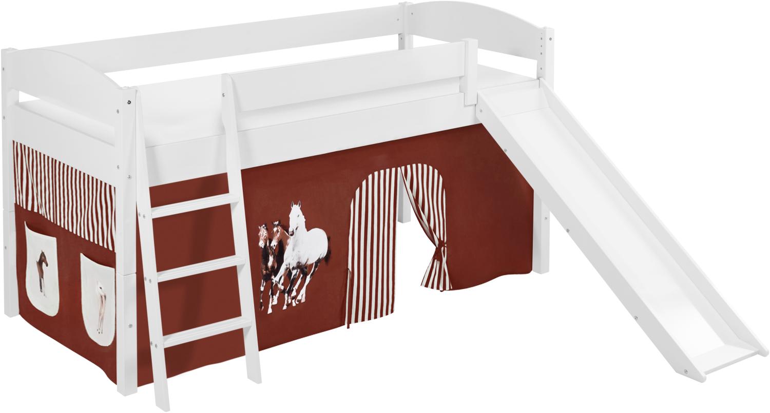 Lilokids 'Ida 4105' Spielbett 90 x 200 cm, Pferde Braun Beige, Kiefer massiv, mit Rutsche und Vorhang Bild 1