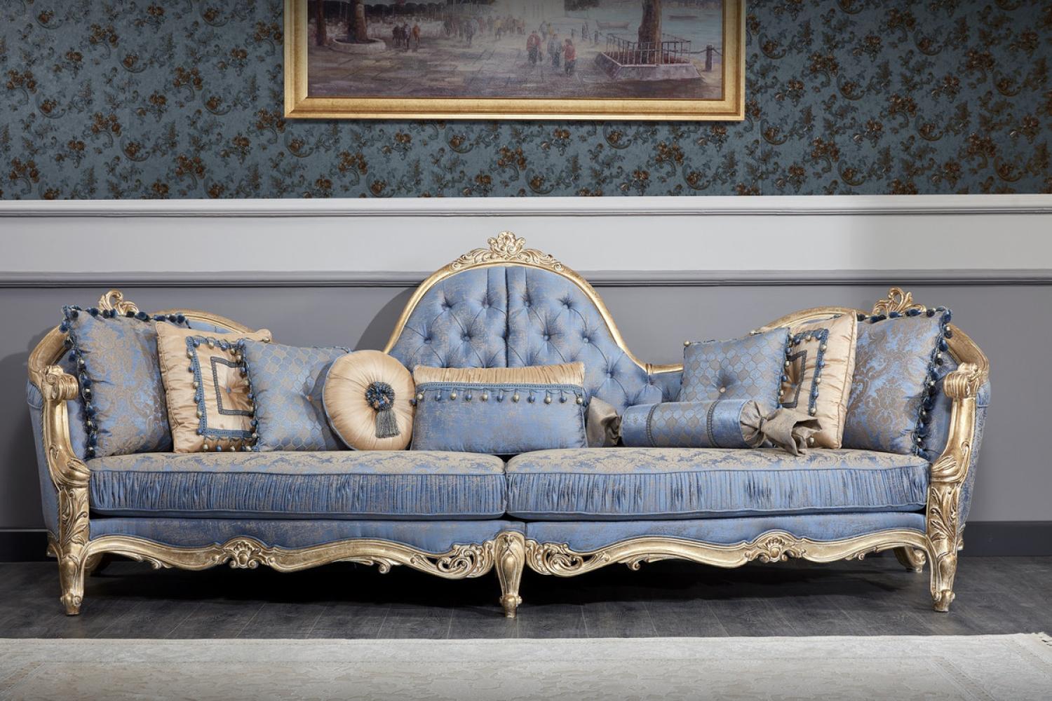 Casa Padrino Luxus Barock Chesterfield Sofa Hellblau / Antik Gold 300 x 90 x H. 119 cm Bild 1