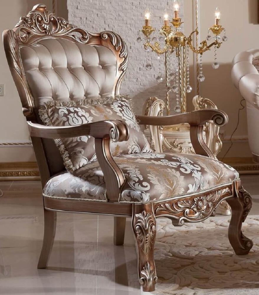 Casa Padrino Luxus Barock Sessel Grau / Kupfer / Silber - Handgefertigter Barockstil Wohnzimmer Sessel mit elegantem Muster - Barock Wohnzimmer Möbel - Edel & Prunkvoll Bild 1
