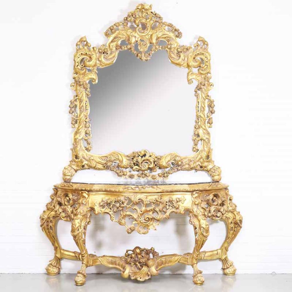 Casa Padrino Luxus Barock Spiegelkonsole mit Marmorplatte Gold 180 x H270 cm - Hotel Möbel - Konsole mit Spiegel Bild 1