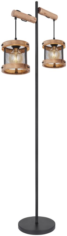 LED Stehleuchte mit Holz 2-flammig, Gitter schwarz, Höhe 150cm Bild 1