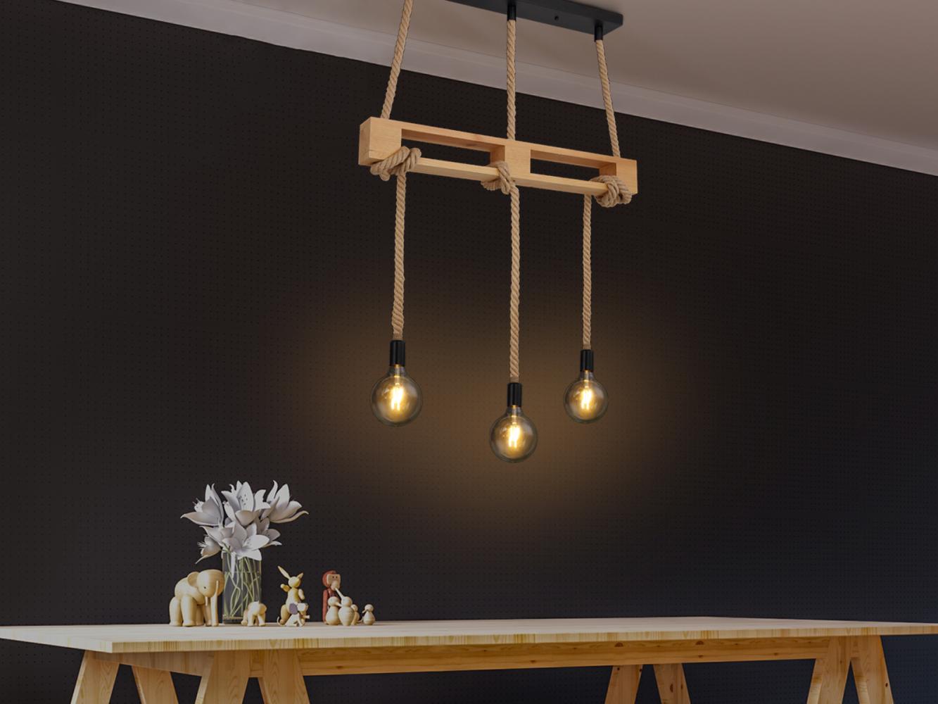 LED Balkenpendelleuchte 3-flammig mit Holzbalken und Hanfseil, Breite 83cm Bild 1