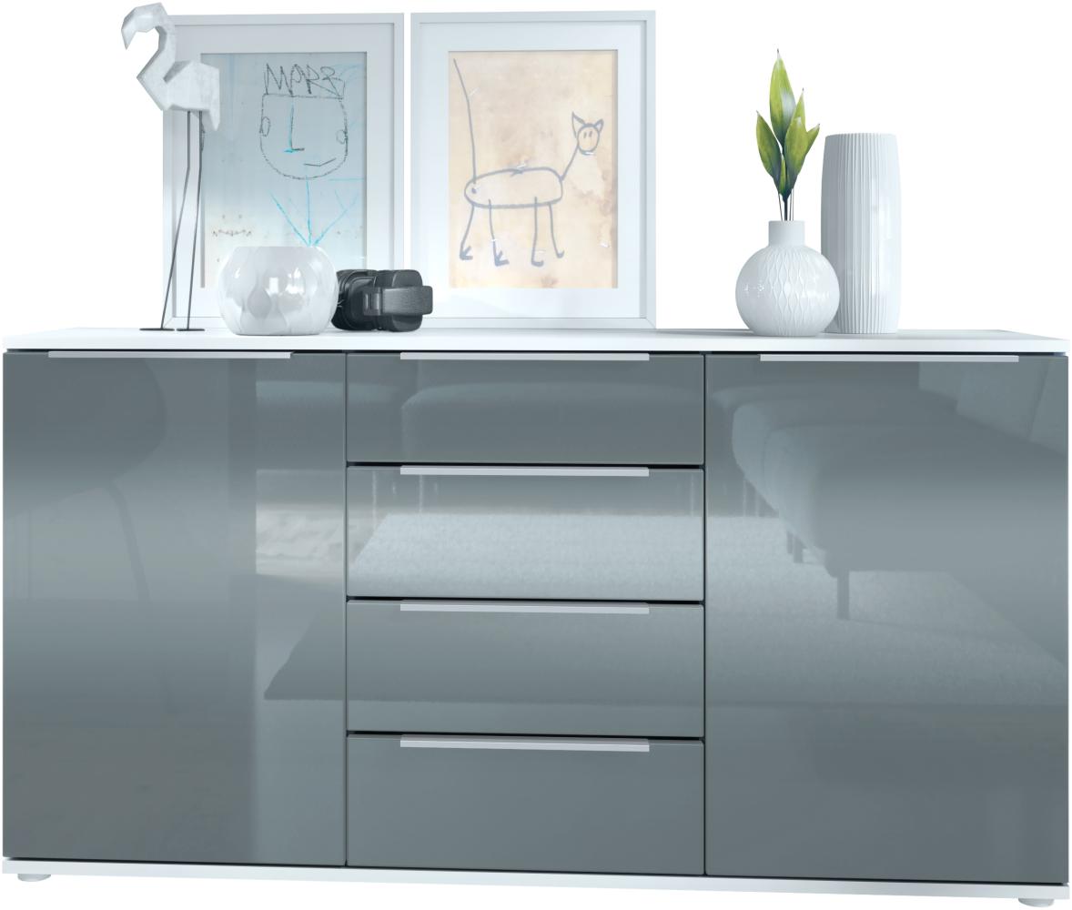 Vladon Sideboard Linio 139 x 72,5 x 35 cm Anrichte mit 2 Türen und 4 Schubladen, Korpus in Weiß matt, Fronten in Grau Hochglanz Bild 1