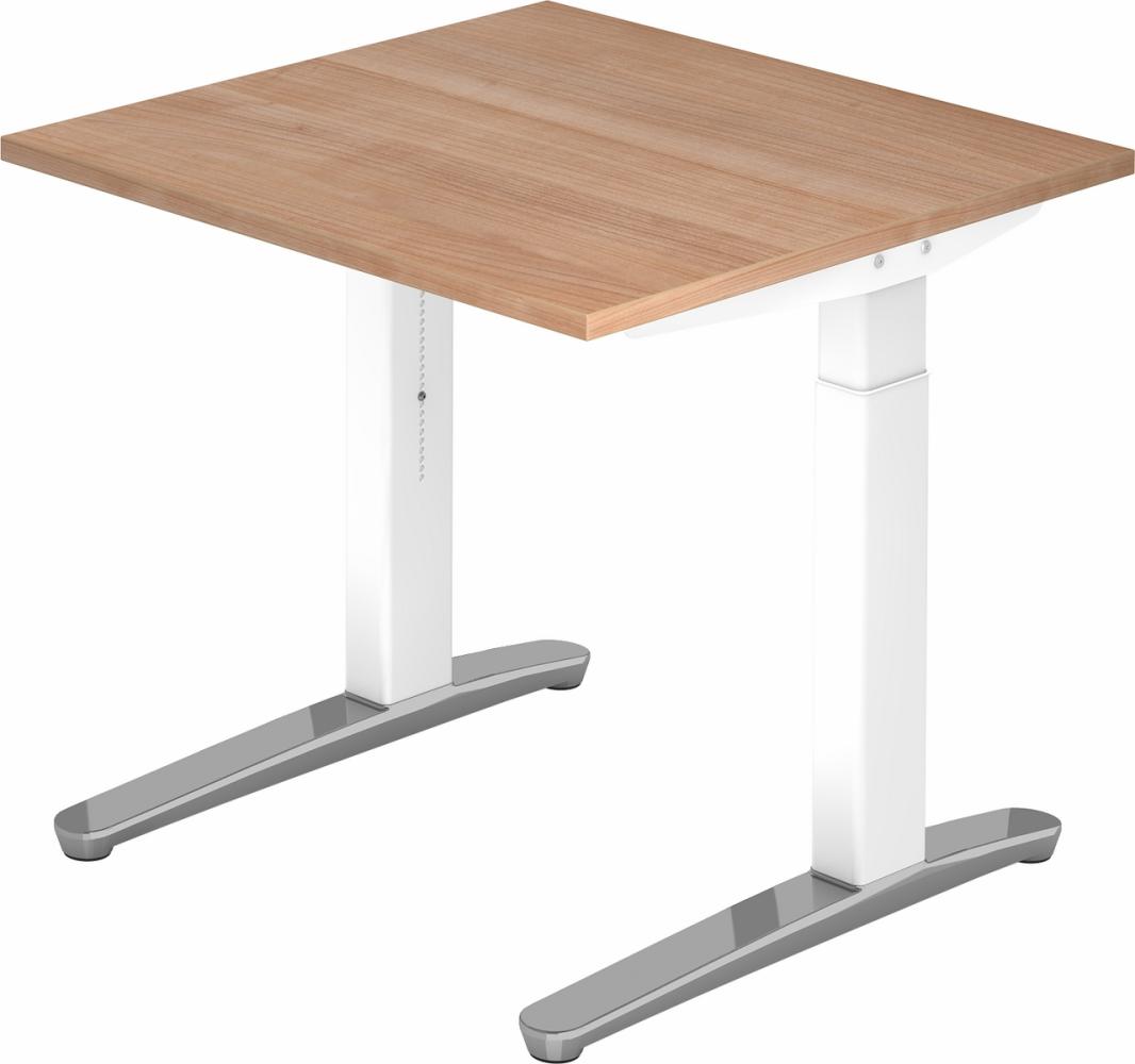 bümö® Design Schreibtisch XB-Serie höhenverstellbar, Tischplatte 80 x 80 cm in Nussbaum, Gestell in weiß/alu poliert Bild 1