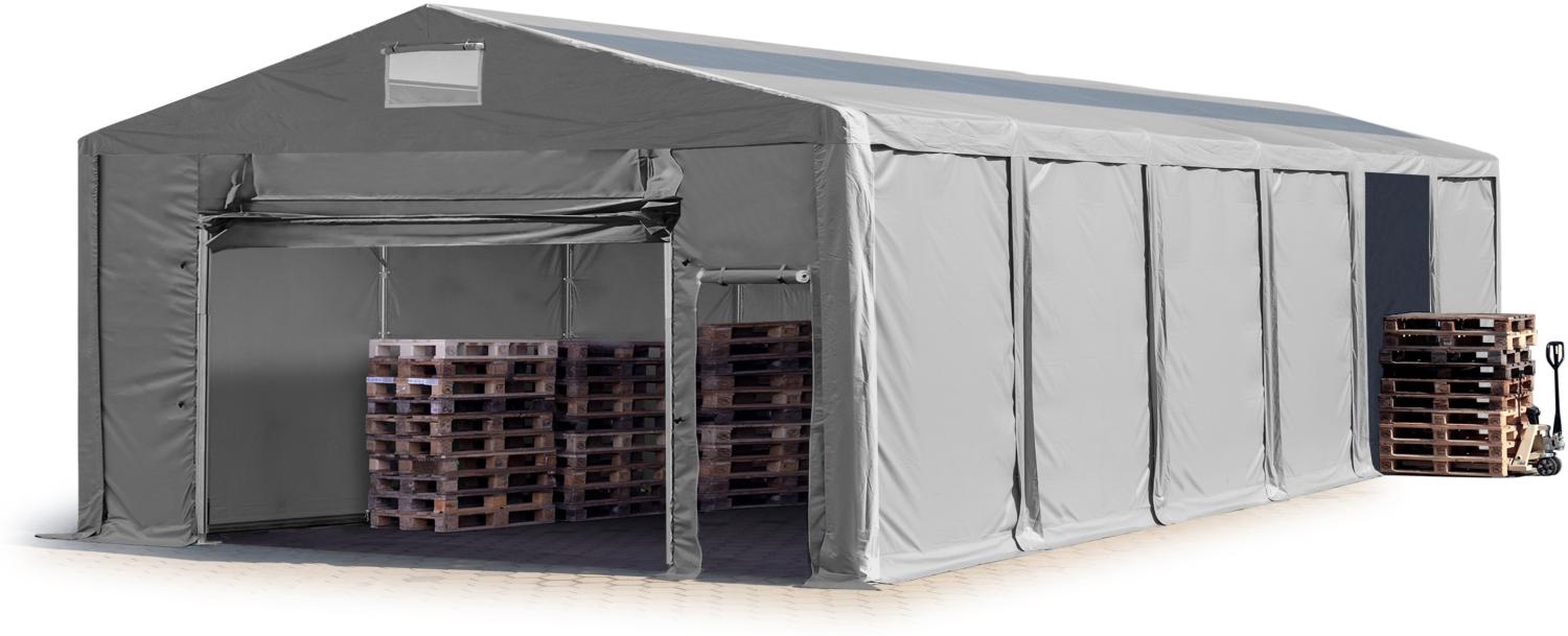 Lagerzelt 8x12 m Zelthalle Industriezelt mit Oberlicht 3m Seitenhöhe PVC Plane 850 N grau 100% wasserdicht mit Hochziehtor Bild 1
