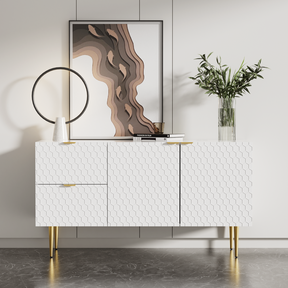 Merax Sideboard mit besonderem Muster und Haptik, Kommode mit zwei Türen und zwei Schubladen, goldene Griffe und Füße ,weiß Bild 1