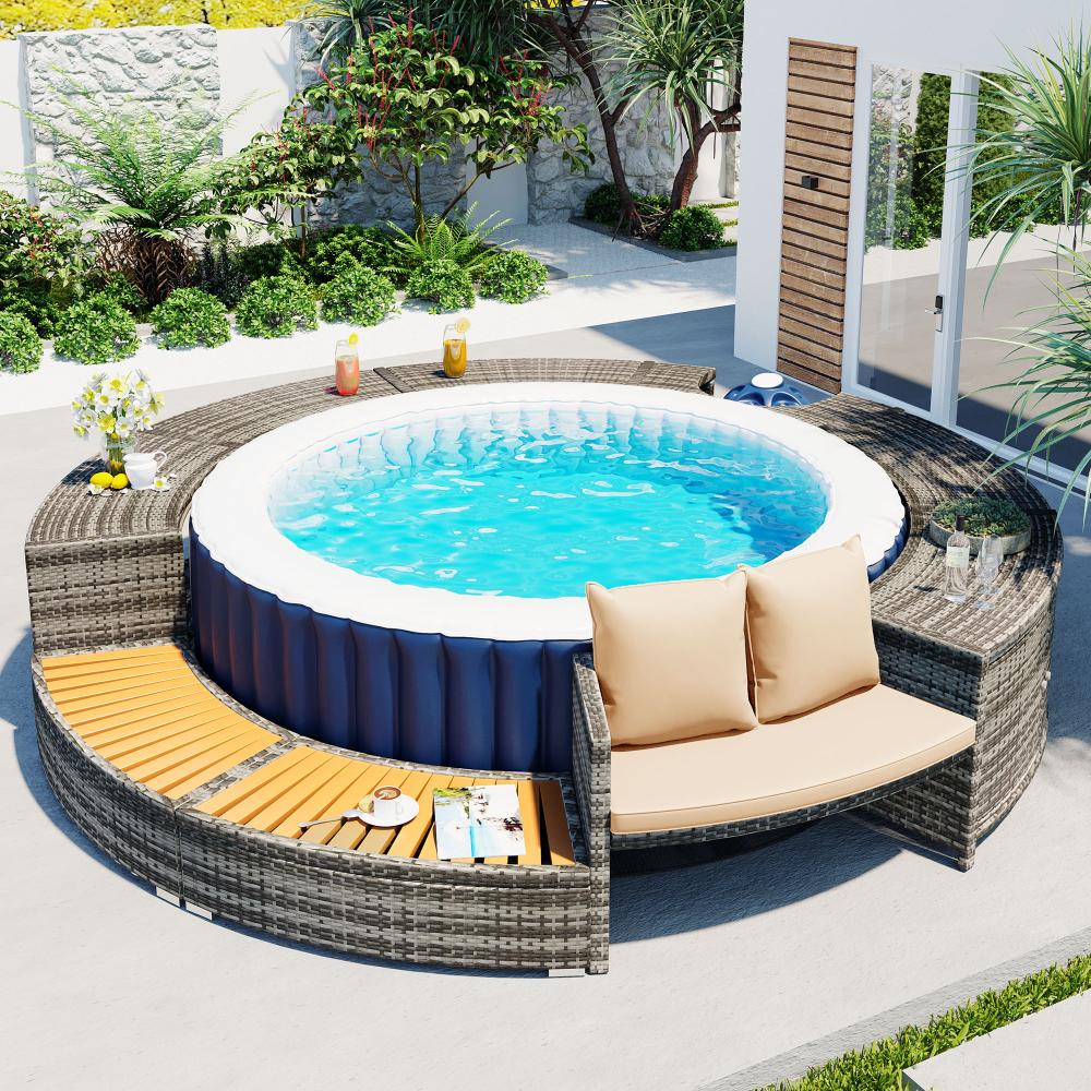 Merax Spa-Pool, Gartenmöbel-Set, Poolumrandung, PE-graues Rattan und Akazienholz, mit Stauraum, Lounge-Set, für Whirlpool und Pool Bild 1