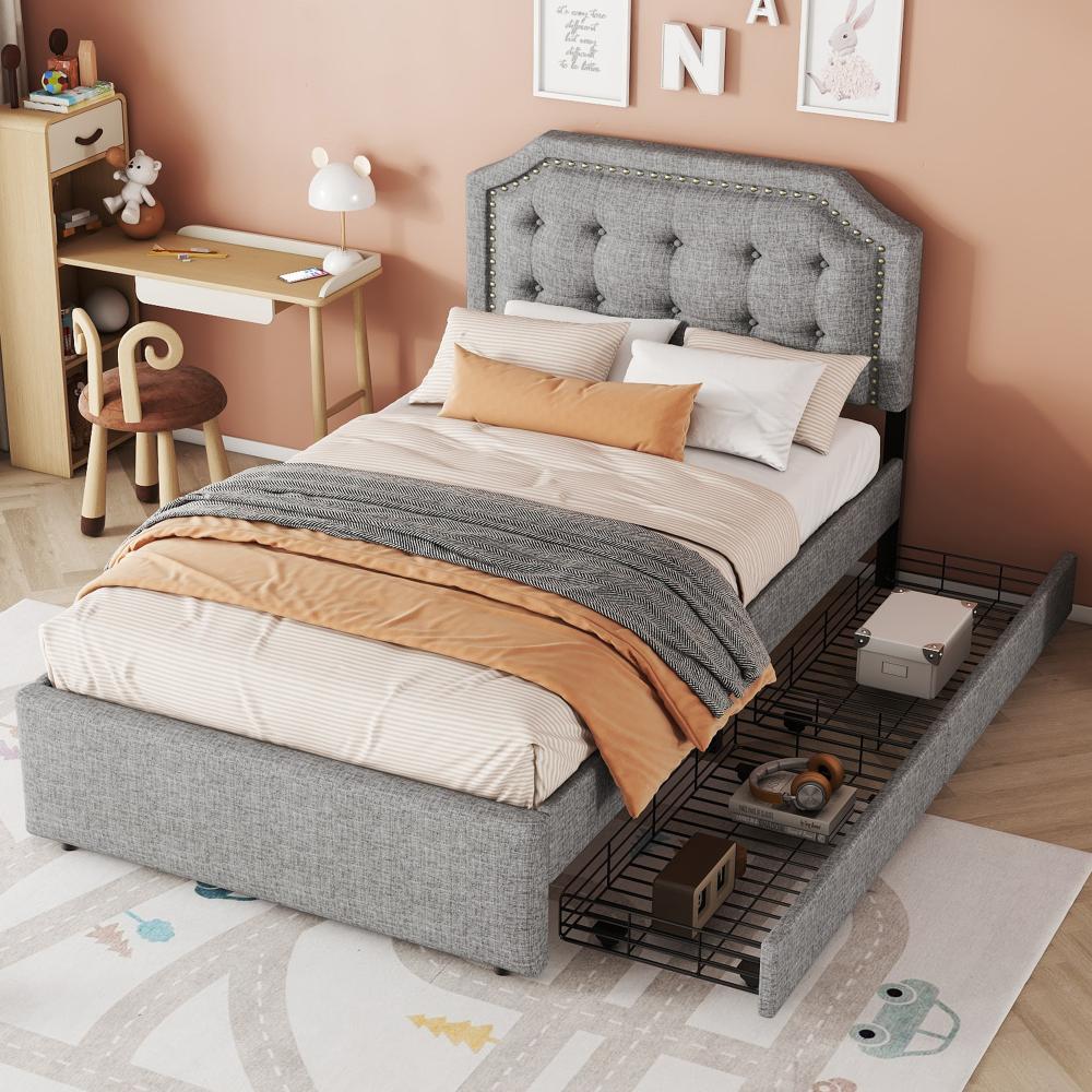 Merax 90*200 cm Polsterbett, gepolstertes Bett, Nachttischpolsterung mit dekorativen Nieten, doppelte Schubladen, Grau Bild 1
