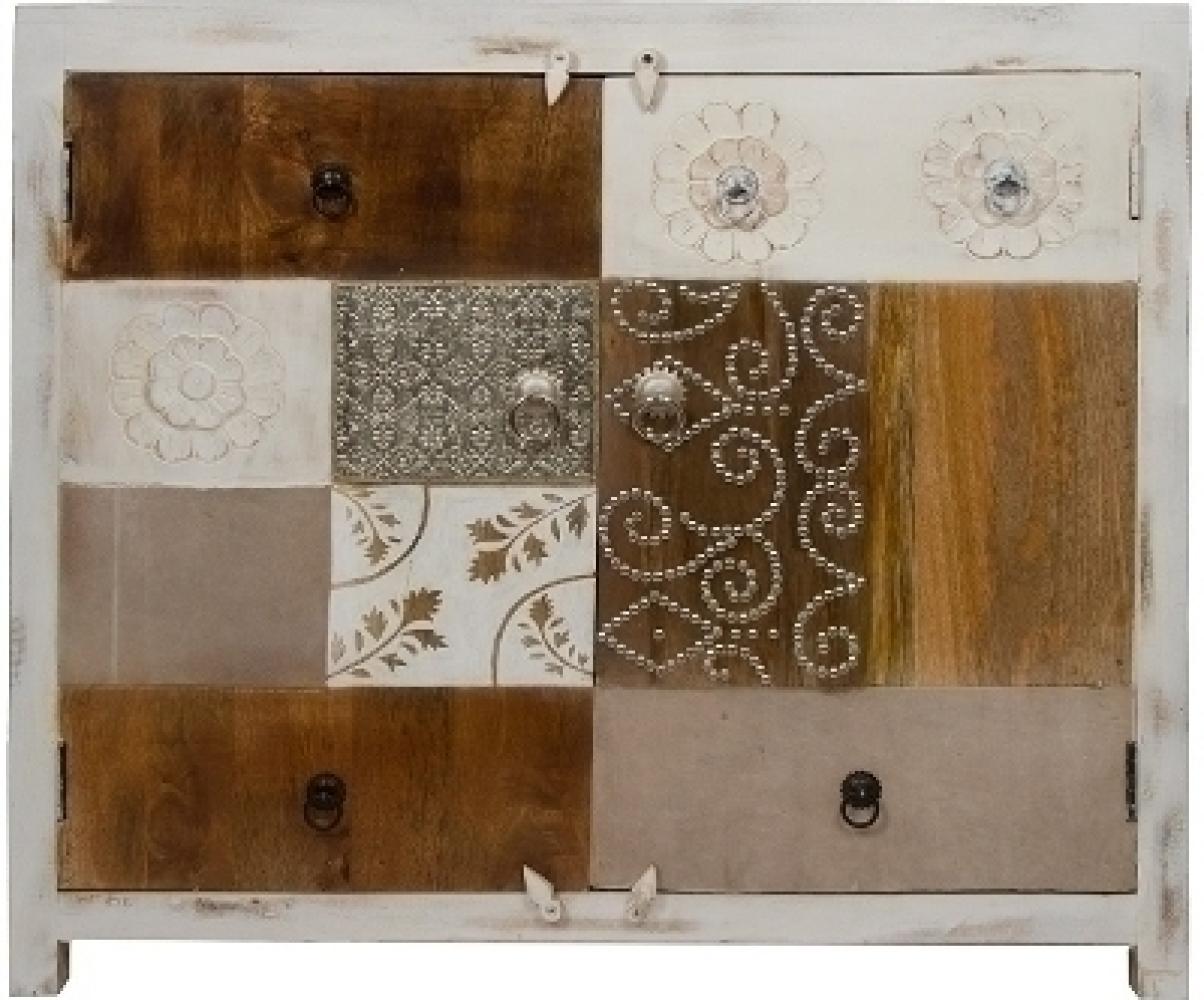 Kommode Santosh 100 x 40 x 90 cm Tannen-Holz Weiß 2-Türig mit Front-Dekor Bild 1