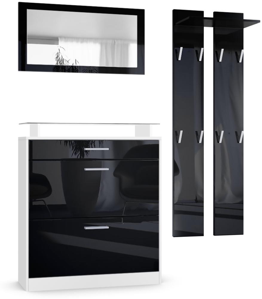 Vladon Garderobe Loret mini, Garderobenset bestehend aus 1 Schuhschrank, 1 Wandspiegel und 2 Garderobenpaneele, Weiß matt/Schwarz Hochglanz Bild 1