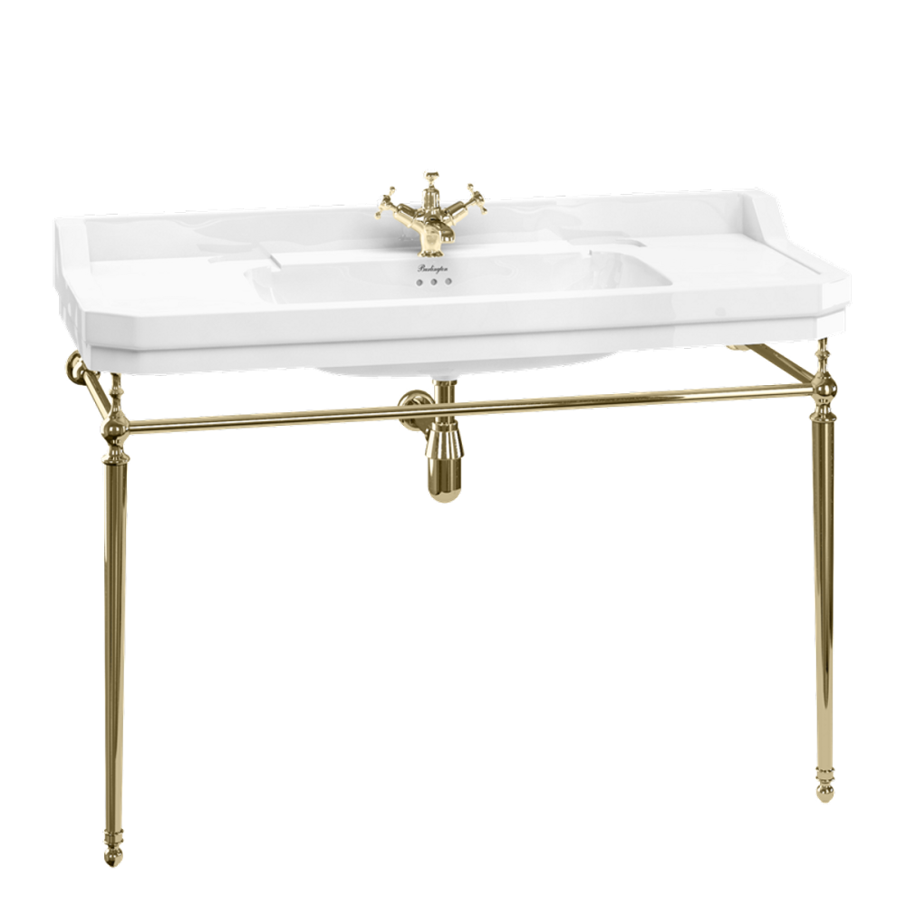 Casa Padrino Luxus Jugendstil Waschtisch Weiß / Gold 121 x 51 x H. 90 cm - Porzellan 1-Loch Stand Waschbecken mit Untergestell - Badezimmer Möbel Bild 1