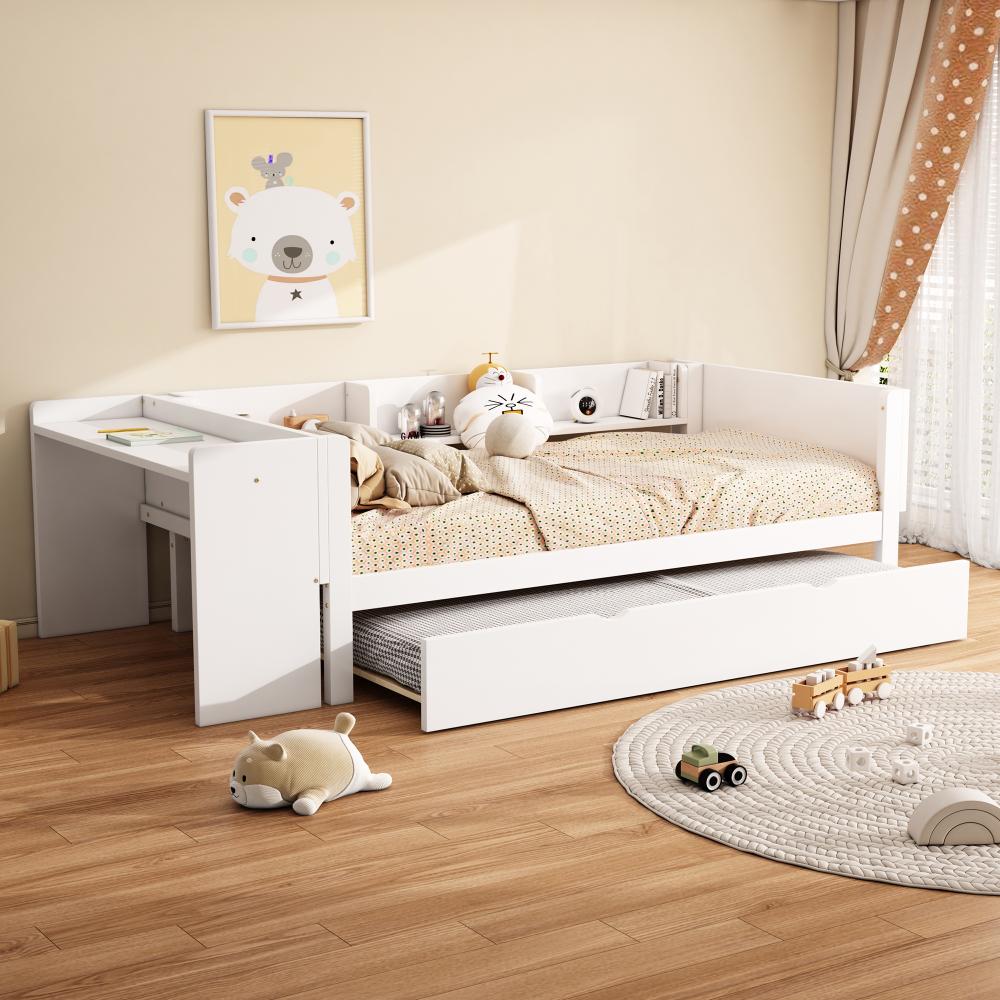 Merax 90*200cm, Flachbett, mit ausziehbarem Bett, mit Schreibtisch, drei Regale an der Seite des Bettes, Weiß Bild 1