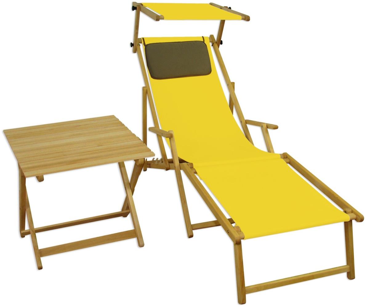 Liegestuhl gelb Fußteil Sonnendach Kissen Tisch Gartenliege Holz Sonnenliege Buche 10-302NFSTKD Bild 1