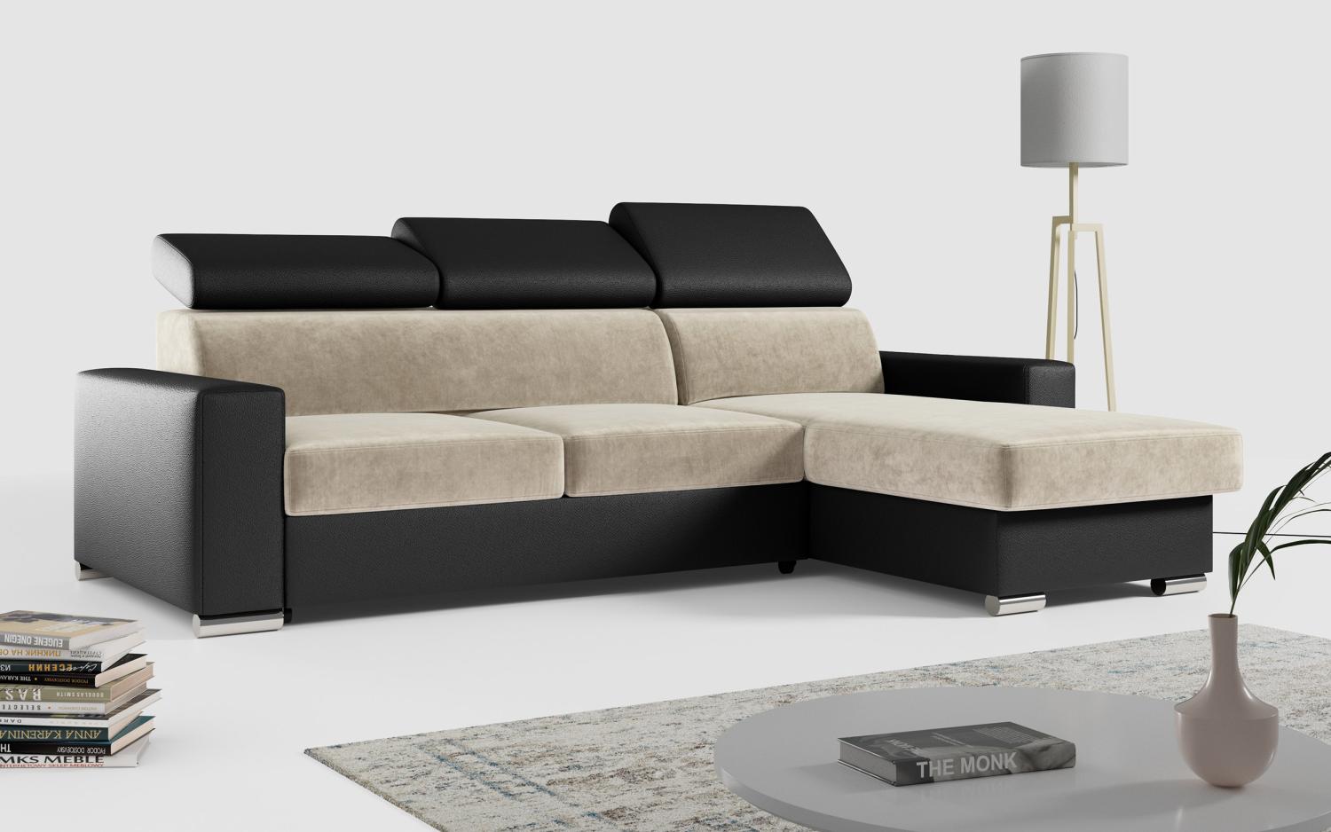 Ecksofa, Verstellbare Kopfstützen, L Couch, Polstersofa mit Bettkasten - FOX-L - Beige - Schwarz Bild 1