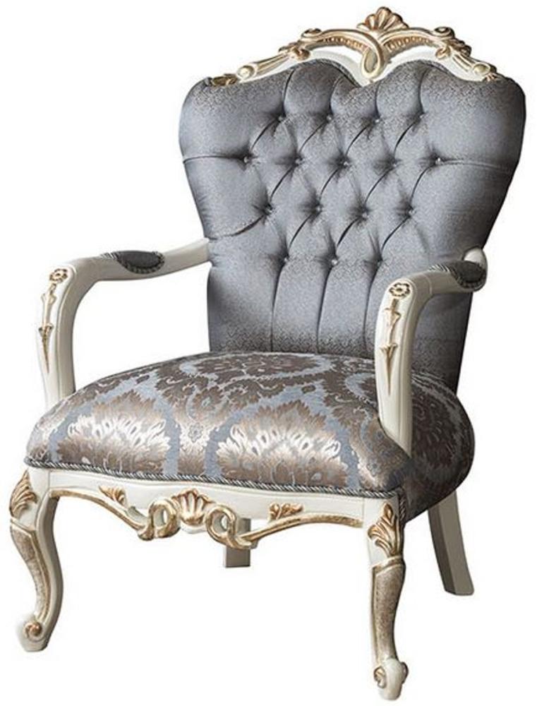 Casa Padrino Luxus Barock Wohnzimmer Sessel mit Glitzersteinen Blau / Weiß / Gold 95 x 80 x H. 115 cm - Edle Wohnzimmer Möbel im Barockstil Bild 1