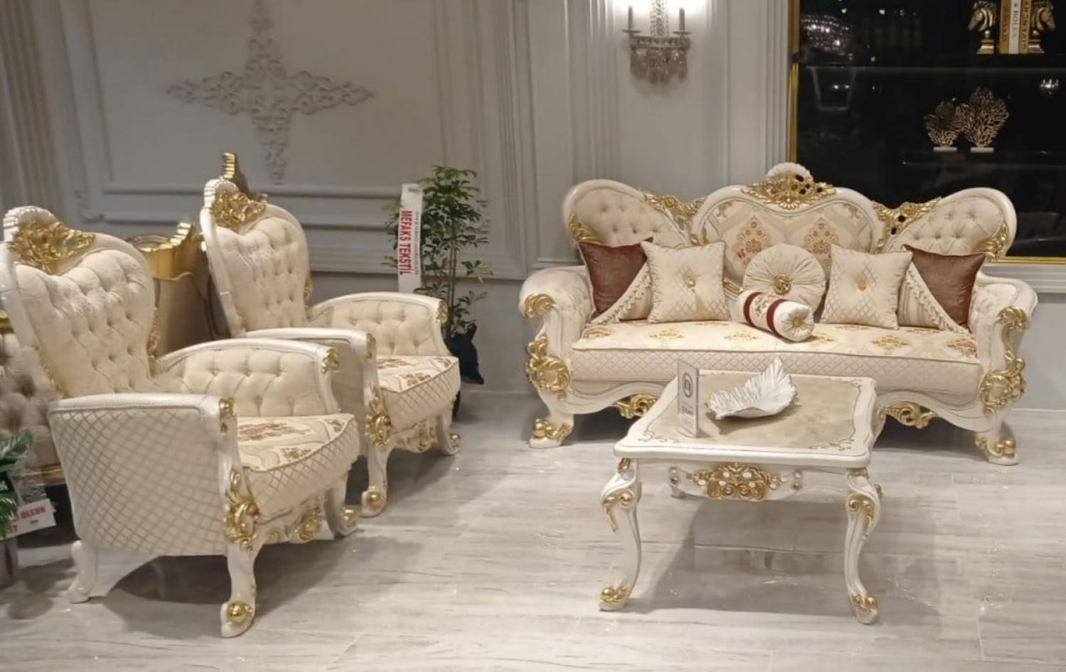 Casa Padrino Luxus Barock Wohnzimmer Set Beige / Weiß / Gold - 2 Barock Sofas mit Muster & 2 Barock Sessel mit Muster & 1 Barock Couchtisch - Prunkvolle Barock Wohnzimmer Möbel Bild 1